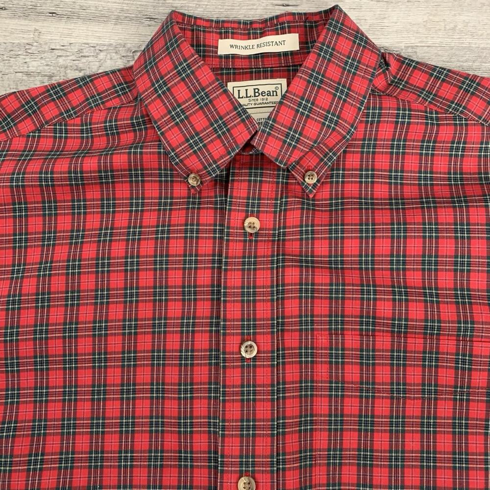 LL Bean Button Down Shirt Mens Medium Red Plaid Wrinkle Resistant 218573 Cotton